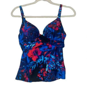 Floral tankini swimsuit top push up adjustable straps vibrant blue red tropical
